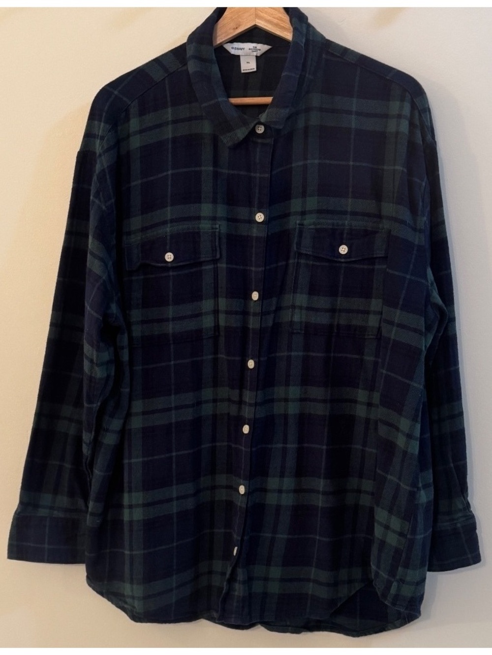 Old Navy The Boyfriend Shirt Men's Button-Up XL Navy Green Plaid Cotton